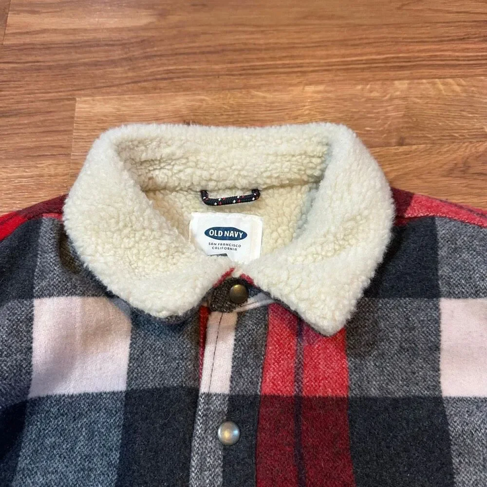 Old Navy Plaid Sherpa-Lined Jacket Red Black White | Men Size Large - Picture 2 of 12